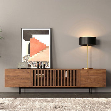 Minimalist TV Stand Slatted Media Console with 4 Doors Storage